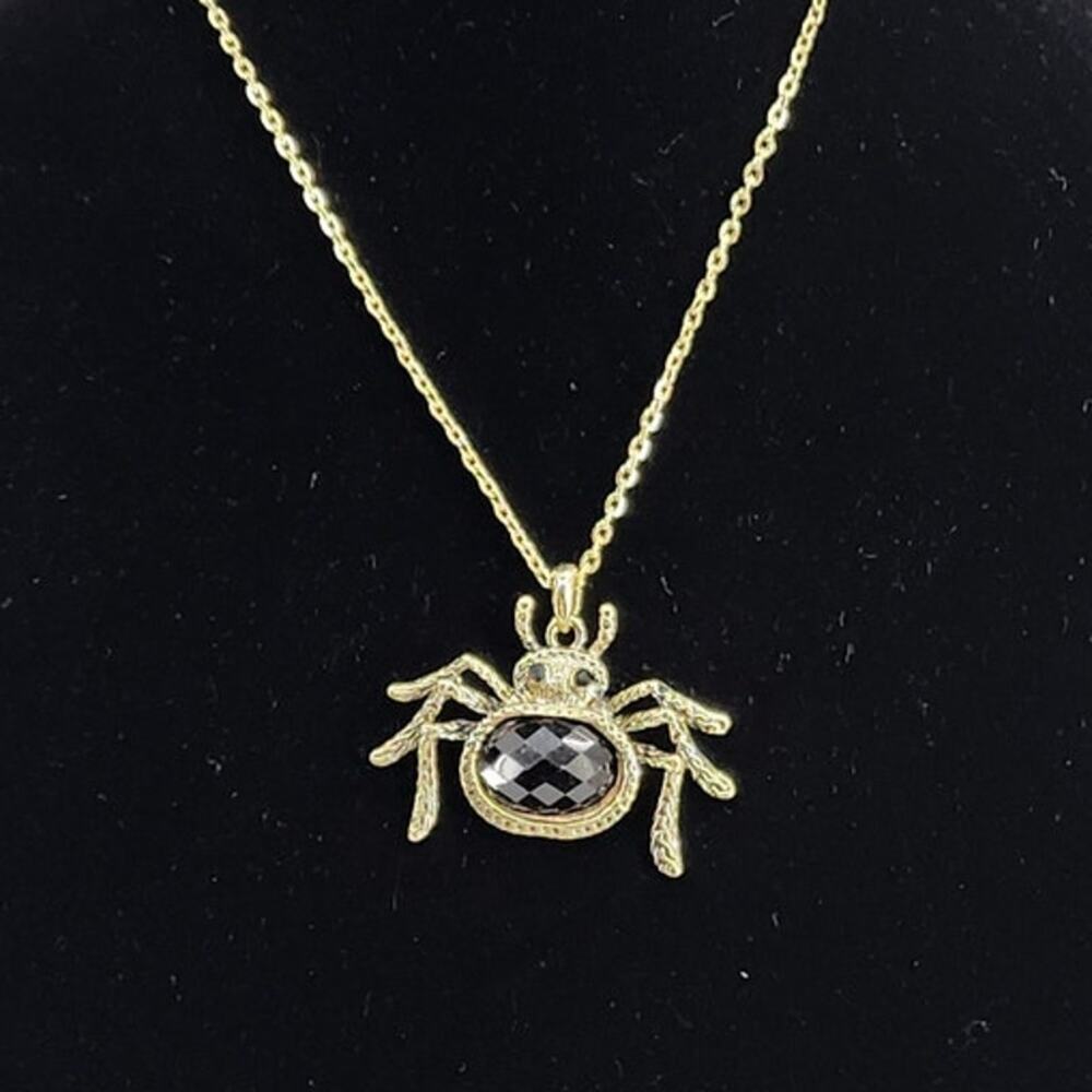 Sparkly Black Spider Rhinestone Necklace Pendant Gold Tone Halloween Jewelry